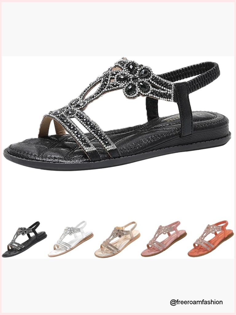 Women's Rhinestone Flat Sandals Summer Boho Elastic Slingback Ankle Strap